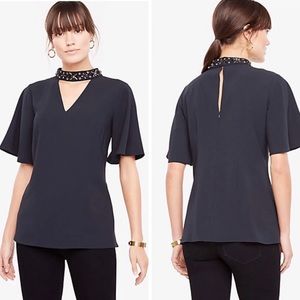 Ann Taylor Beaded Choker neck :: V cut out :: flutter sleeve top